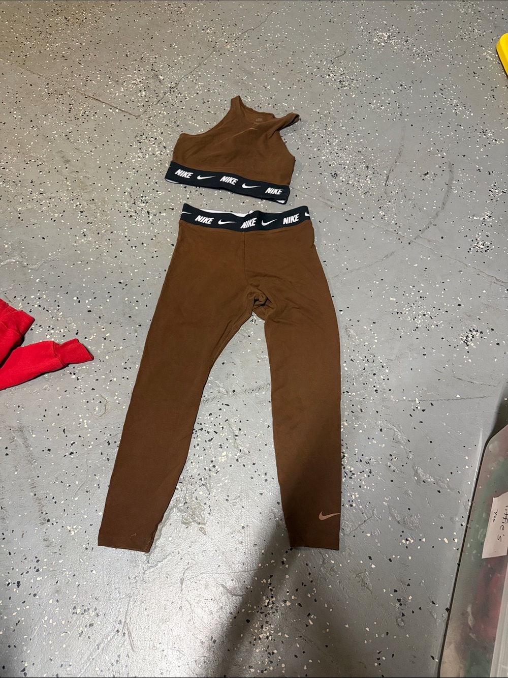 Nike womens Brown Crop Tank and Leggings Set with Branded Waistband